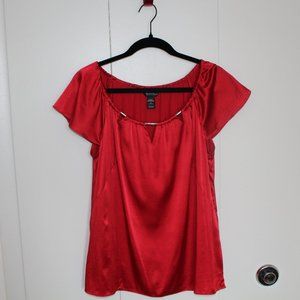 White House Black Market Red Embellished Neckline Silk Stretch Blouse